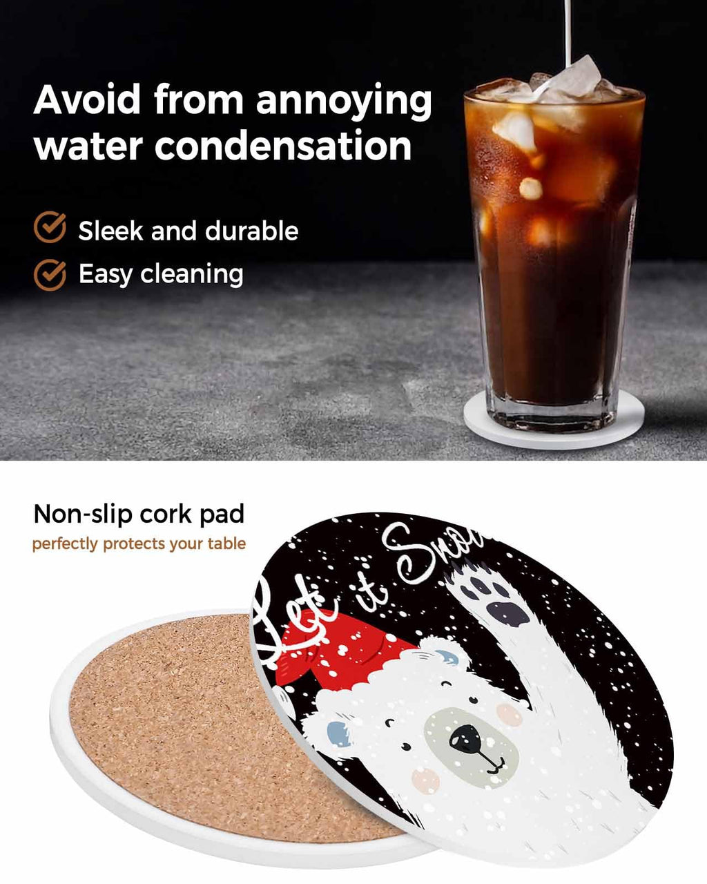 Set of 4 Absorbent Ceramic Stone Coasters with Cork Base E7938