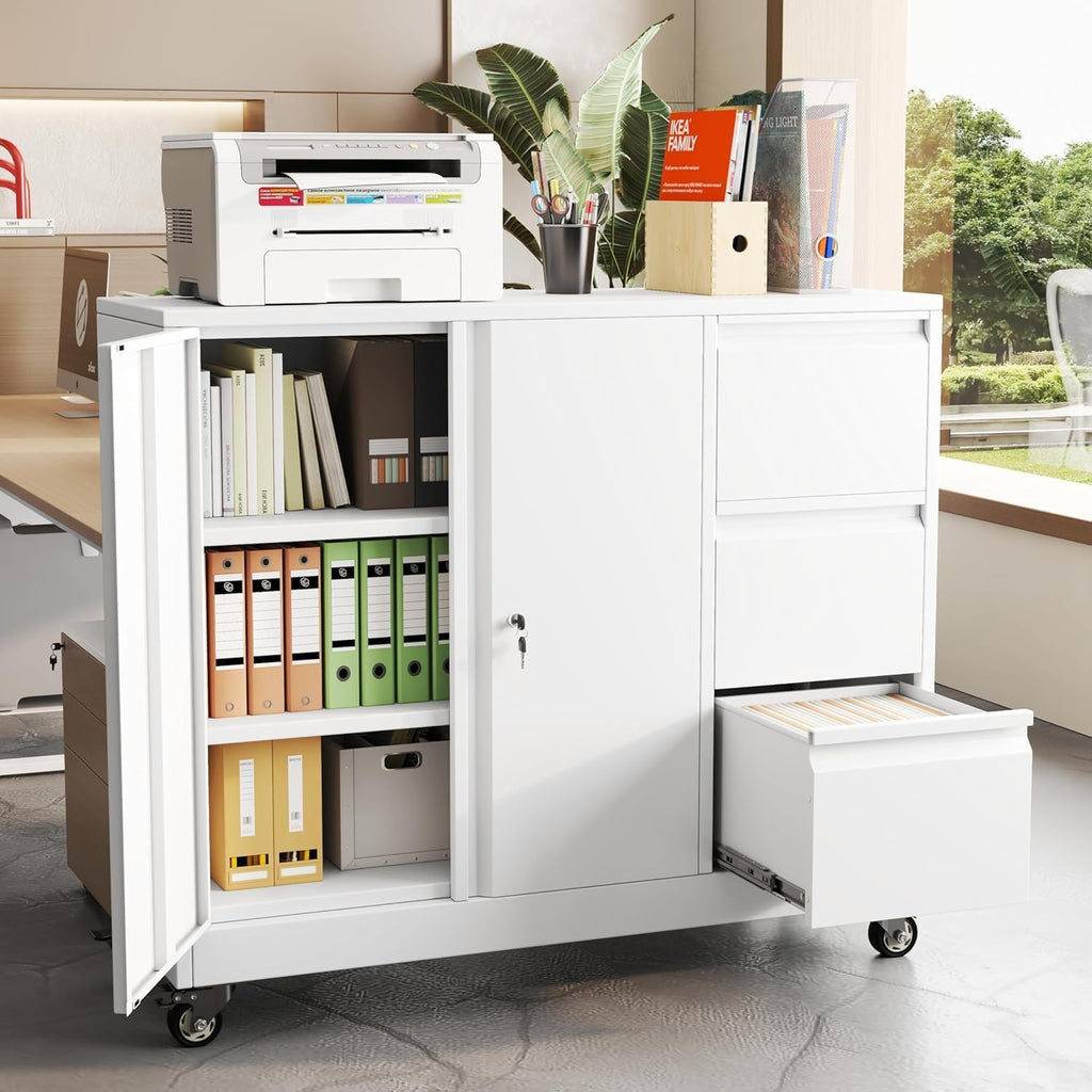 47" H 3 Drawer White Rolling Metal File Cabinet B55834