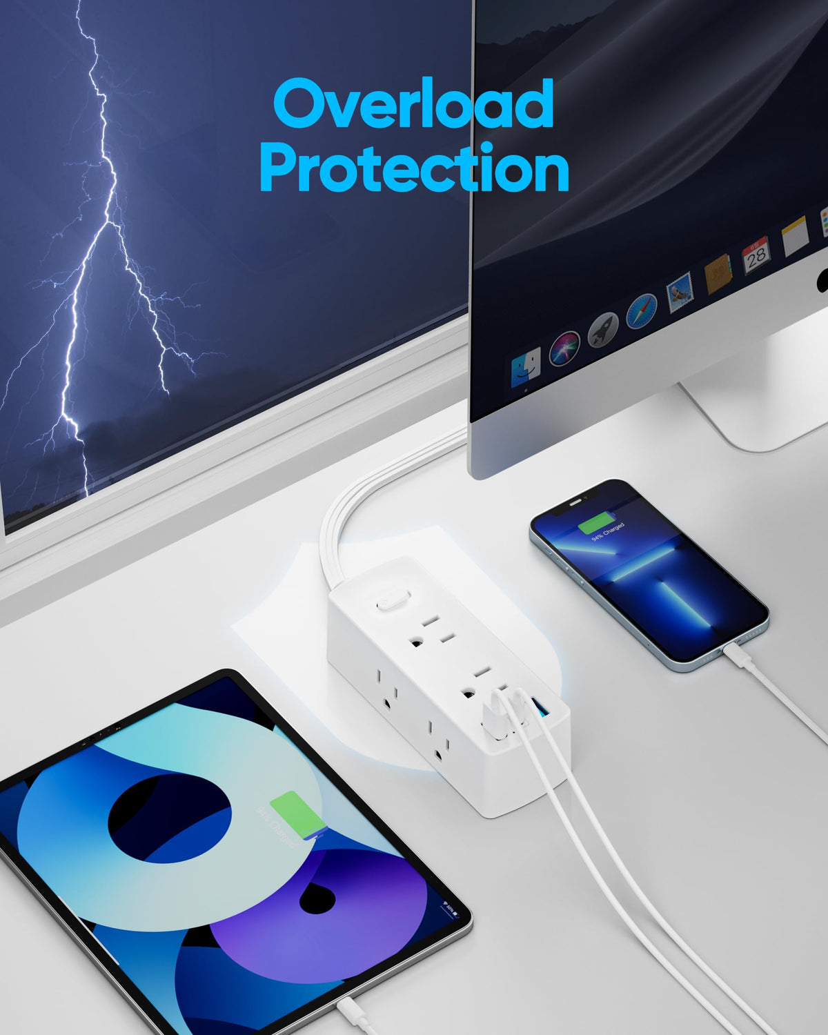 Flat Plug Power Strip with 5 FT Extension Cord, 6 Outlets 3 USB Ports, White A30355