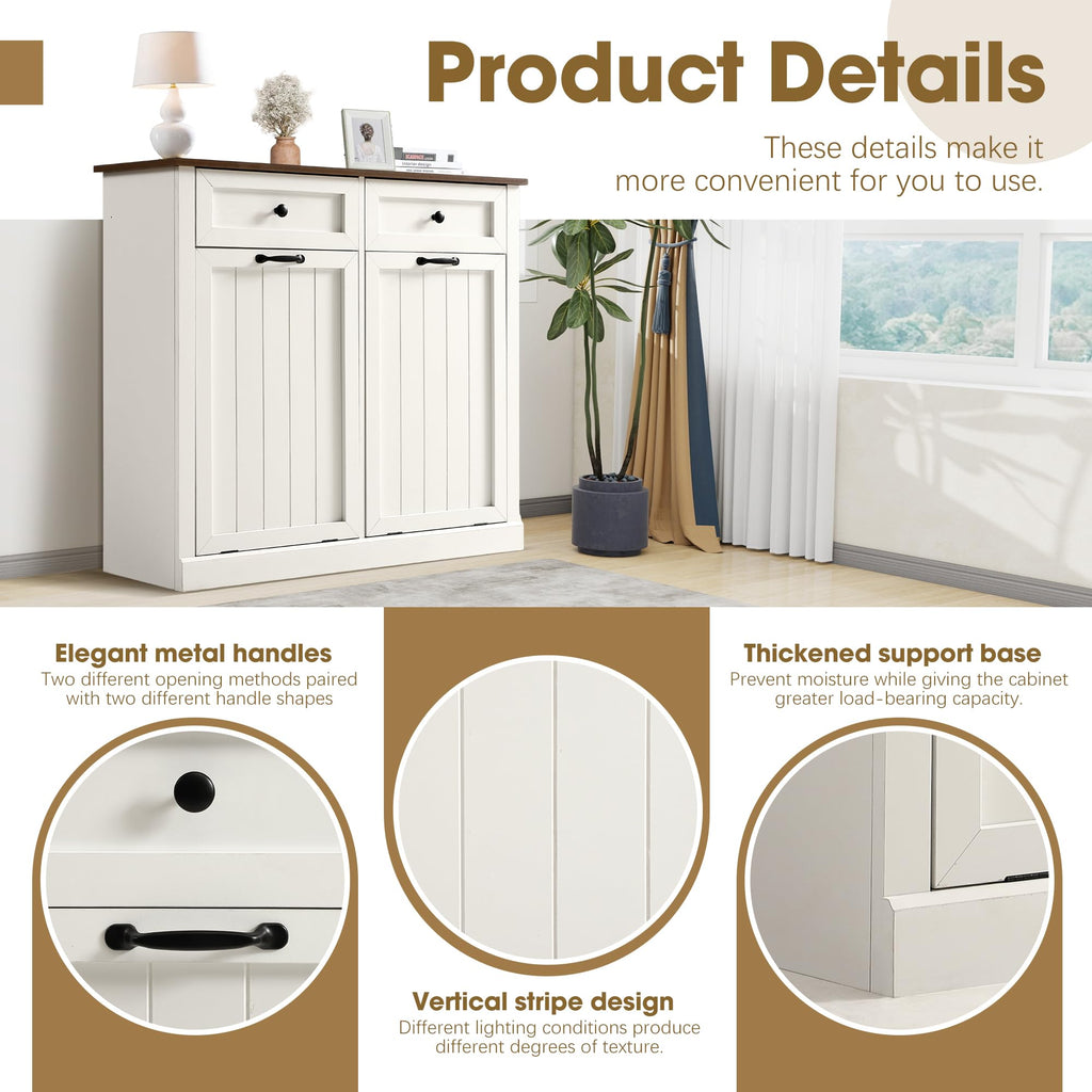 White 22 Gallon Wooden Laundry Hamper Cabinet with 2 Drawers K196245