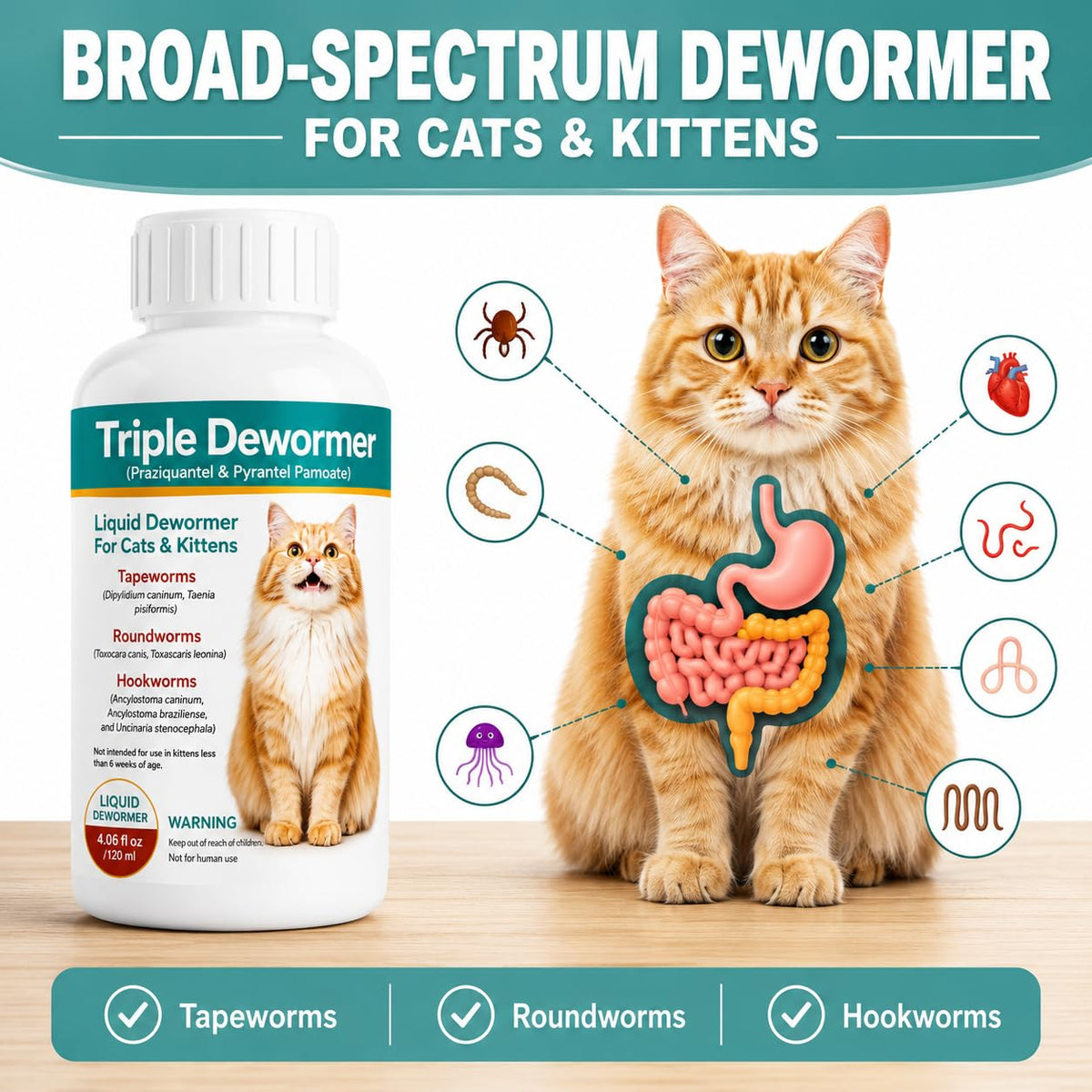 Cat Dewormer Liquid for Tapeworms, Roundworms and Hookworms Z65241