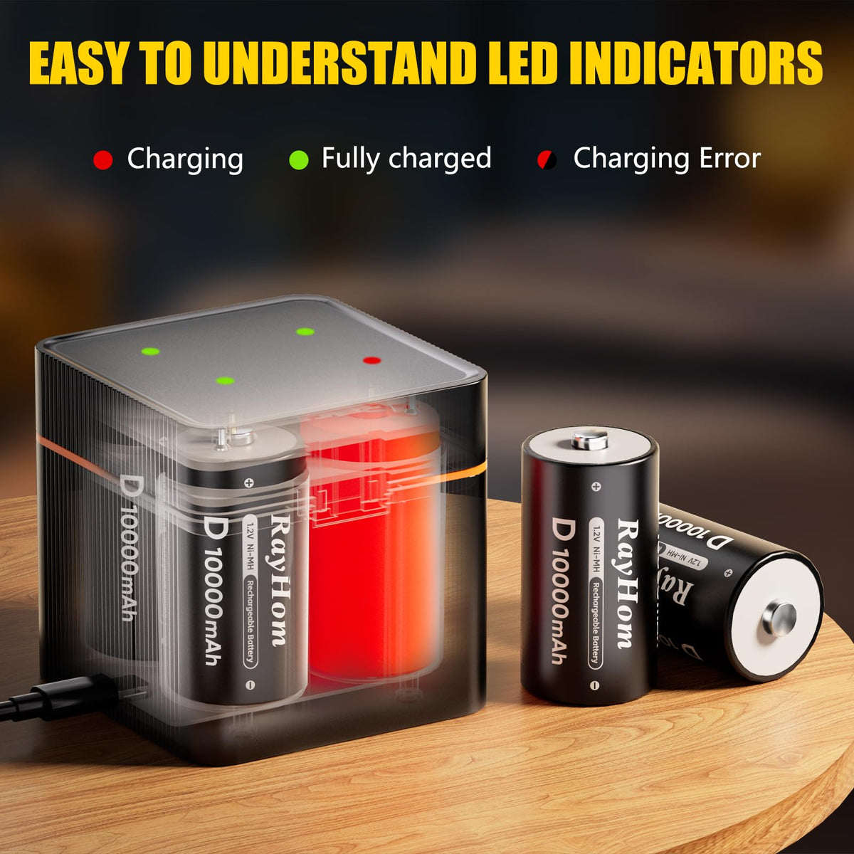 4 Pack 10000mAh Rechargeable D NiMH Batteries with 4 Slot Charger W553
