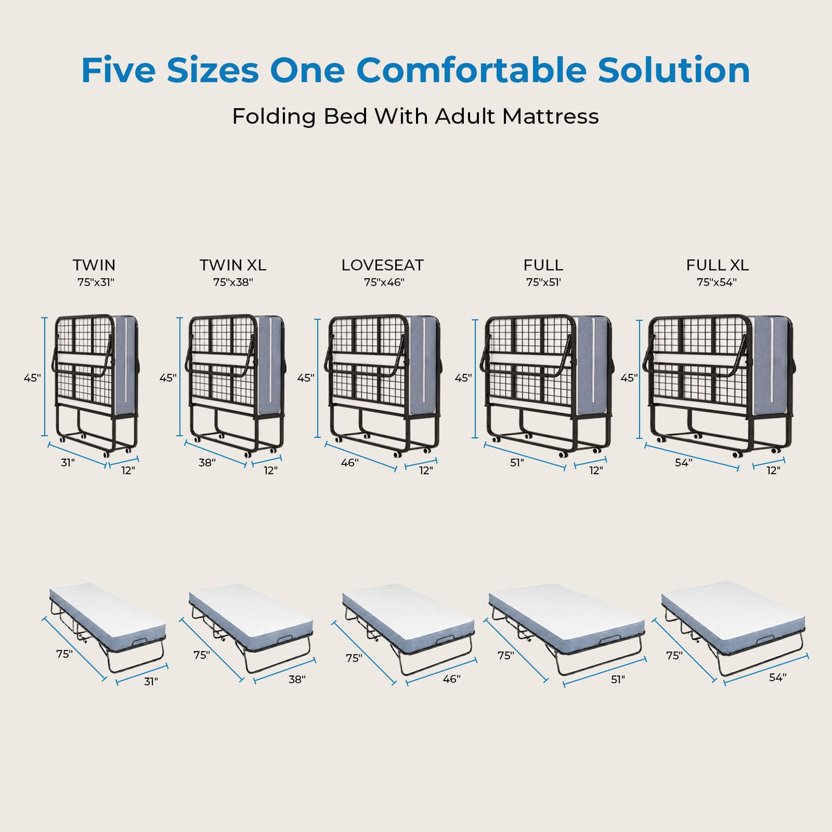 Folding Bed with 5" Foam Mattress Queen Size Metal Frame Z245619