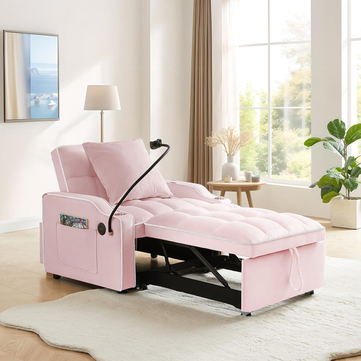 Pink Velvet Convertible Sleeper Chair Bed J94391