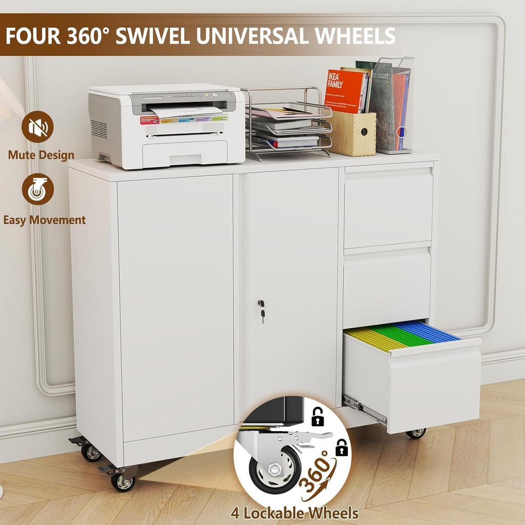 47" H 3 Drawer White Rolling Metal File Cabinet B55834