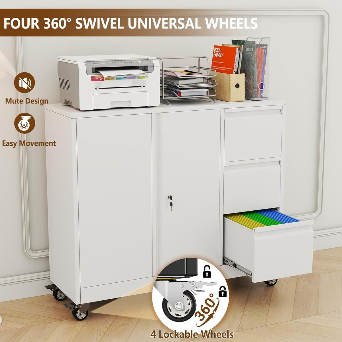 47" H 3 Drawer White Rolling Metal File Cabinet B55834