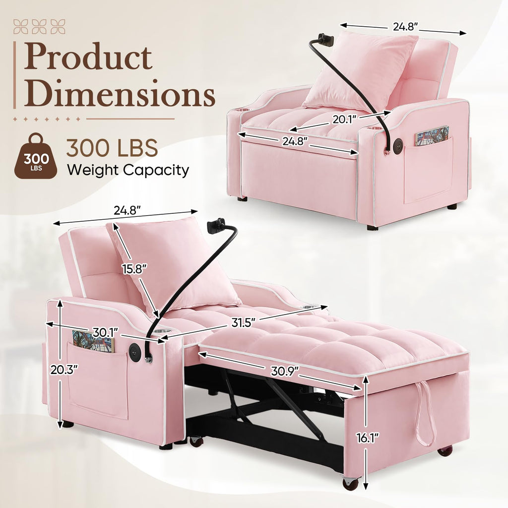 Pink Velvet Convertible Sleeper Chair Bed J94391