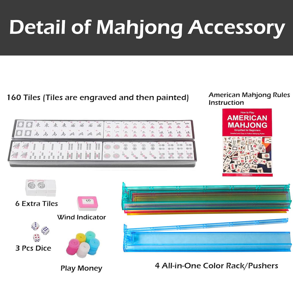 American Mahjong Game Set, 166 White Tiles, 4 Color Rack/Pushers, Blue Carrying Bag I628996
