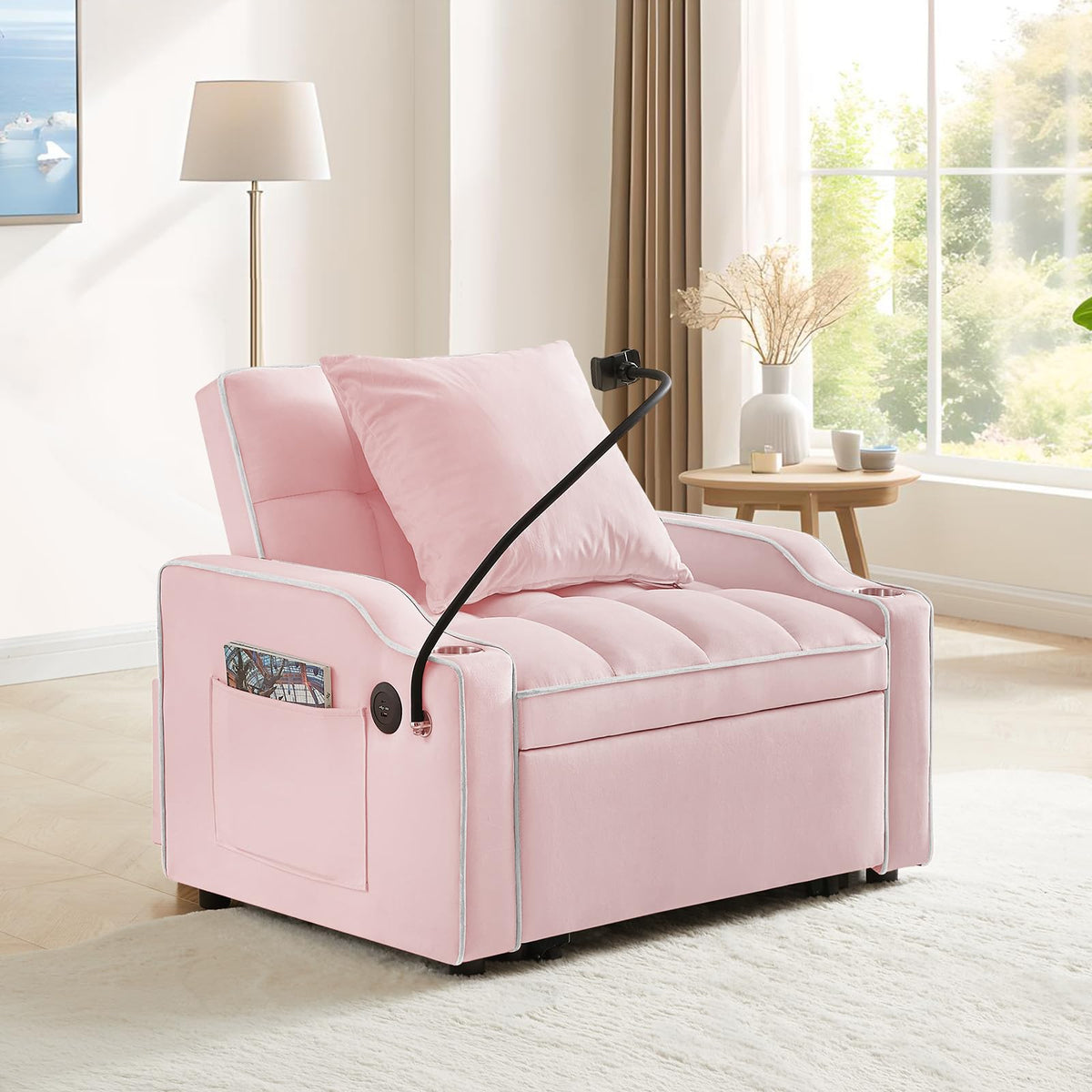 Pink Velvet Convertible Sleeper Chair Bed J94391