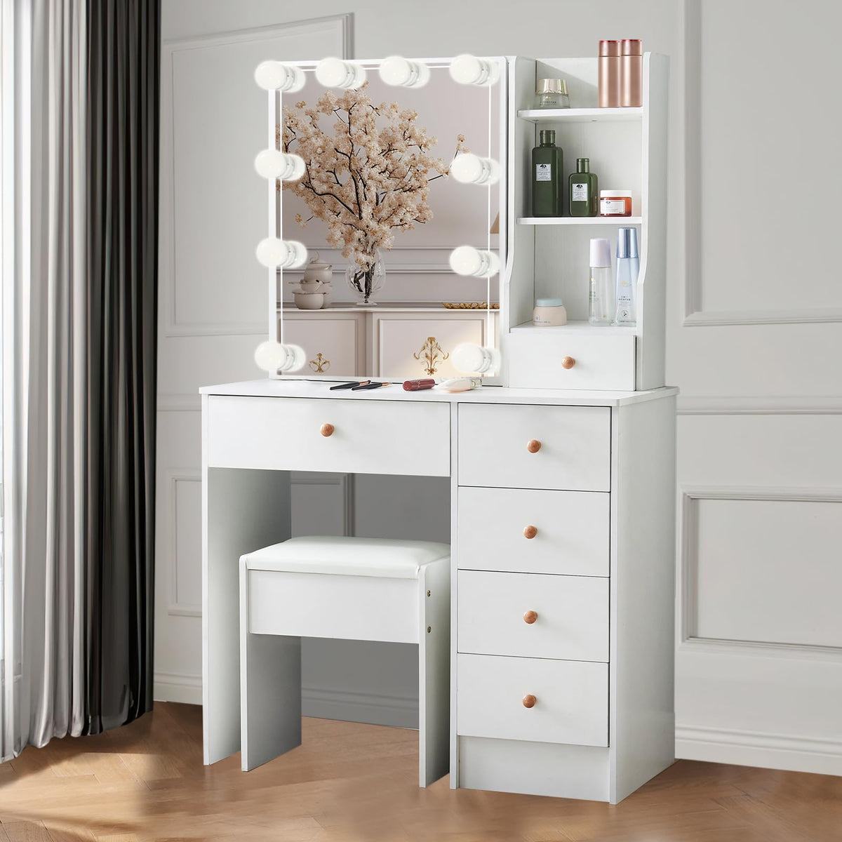 White Vanity Mirror with Lights Desk and Chair 5 Drawers Makeup Table O161108