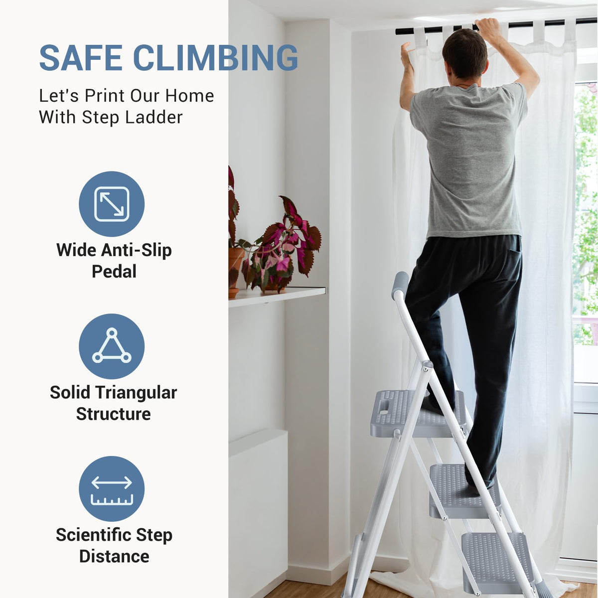 3 Step Ladder with Anti-Slip Pedal and Handrail, 800lbs, Grey D479
