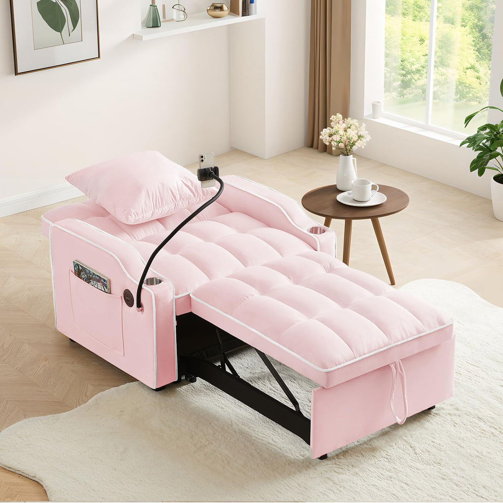 Pink Velvet Convertible Sleeper Chair Bed J94391