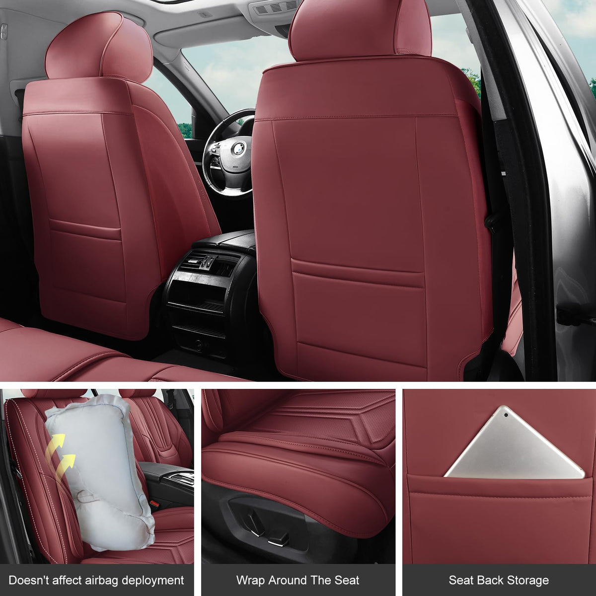 Burgundy Leather Full Set Car Seat Covers C6847