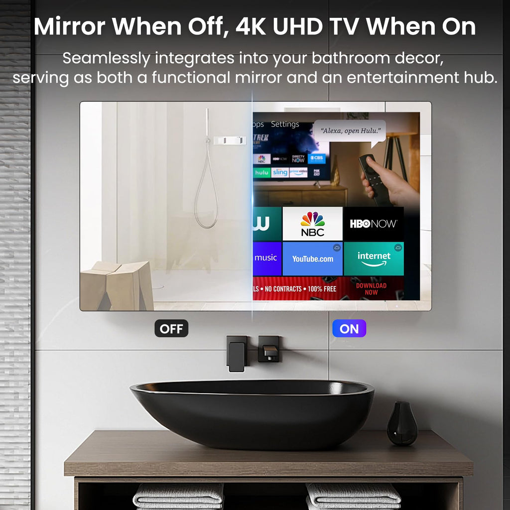 32" 4K Ultra HD Smart Bathroom Mirror TV, IP66 Waterproof, Wall Mounted Y7270