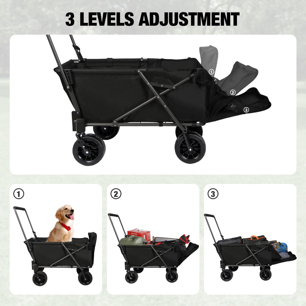 Folding Dog Wagon Cart with Extendable Rear End, 220L Collapsible Utility Cart, Black H1240