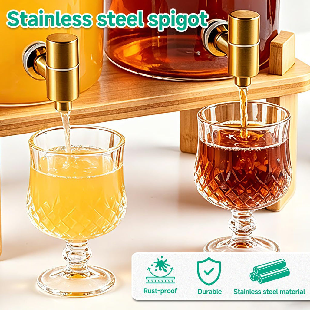 2 Gallon Glass Beverage Dispenser with Spigot and Bamboo Stand Q396