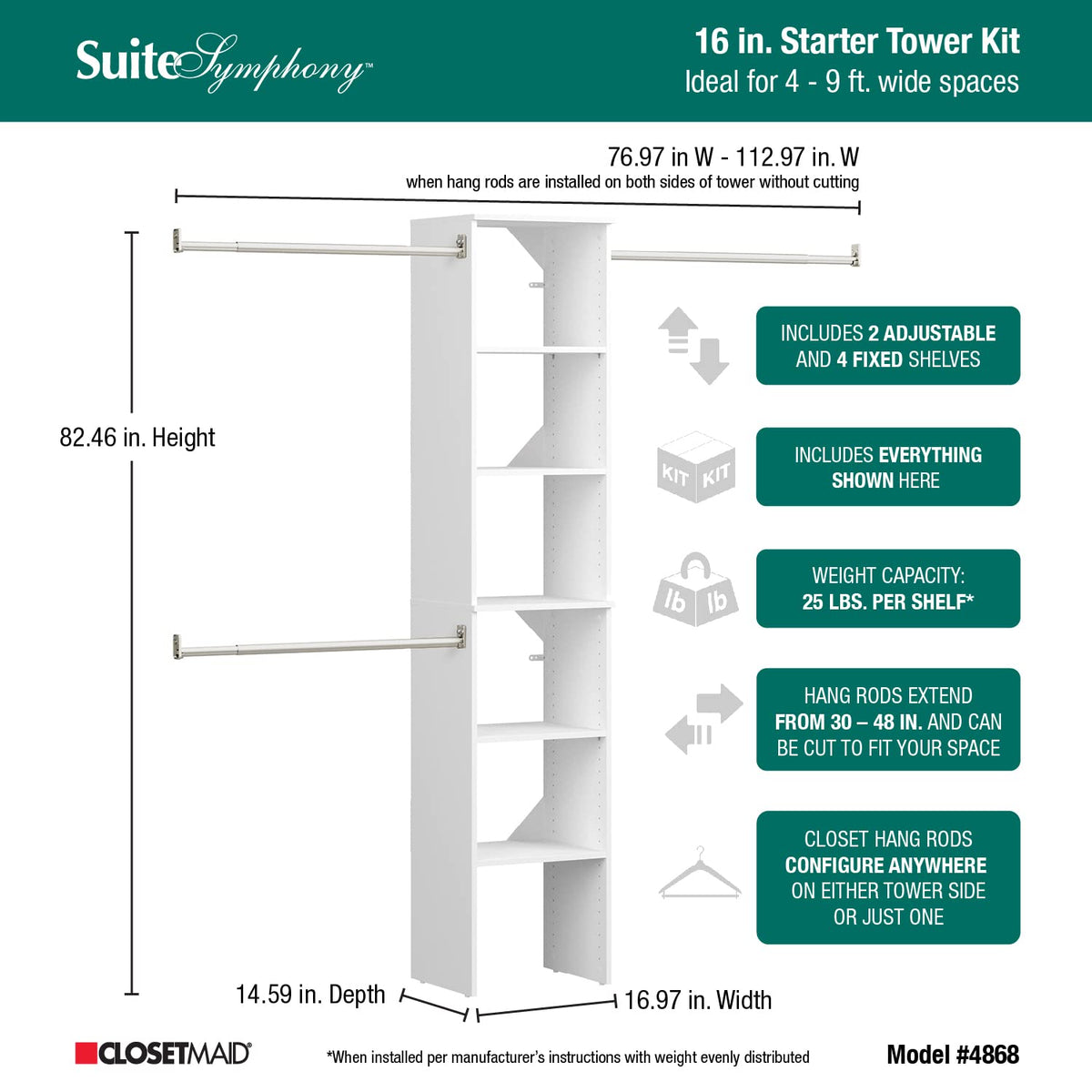 Small Closet Organizer Starter Kit with Tower and 3 Hang Rods, Pure White M3492