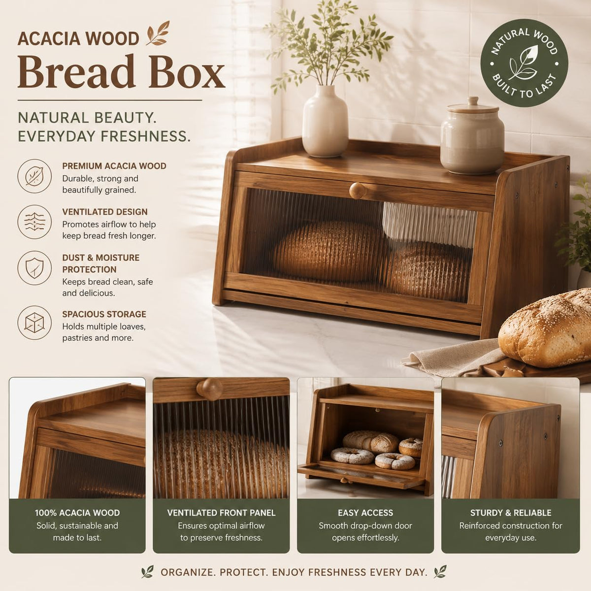 Acacia Wood Bread Box with Acrylic Window B556009