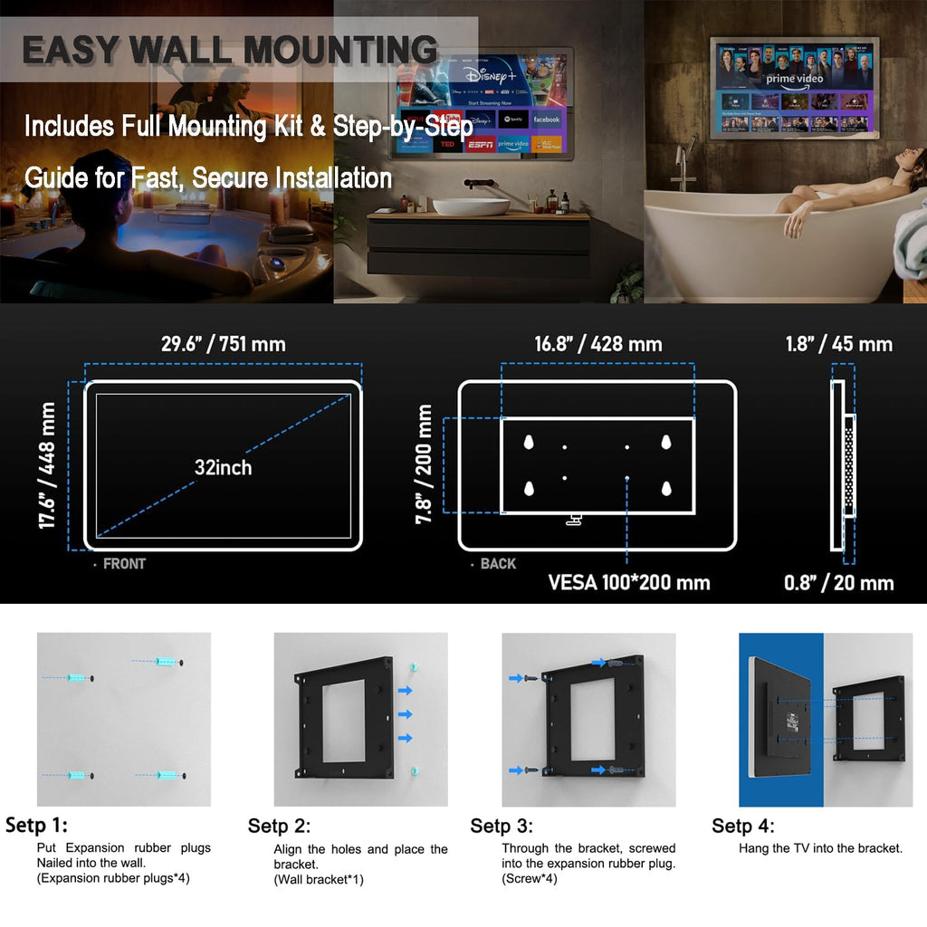 32" 4K Ultra HD Smart Bathroom Mirror TV, IP66 Waterproof, Wall Mounted Y7270