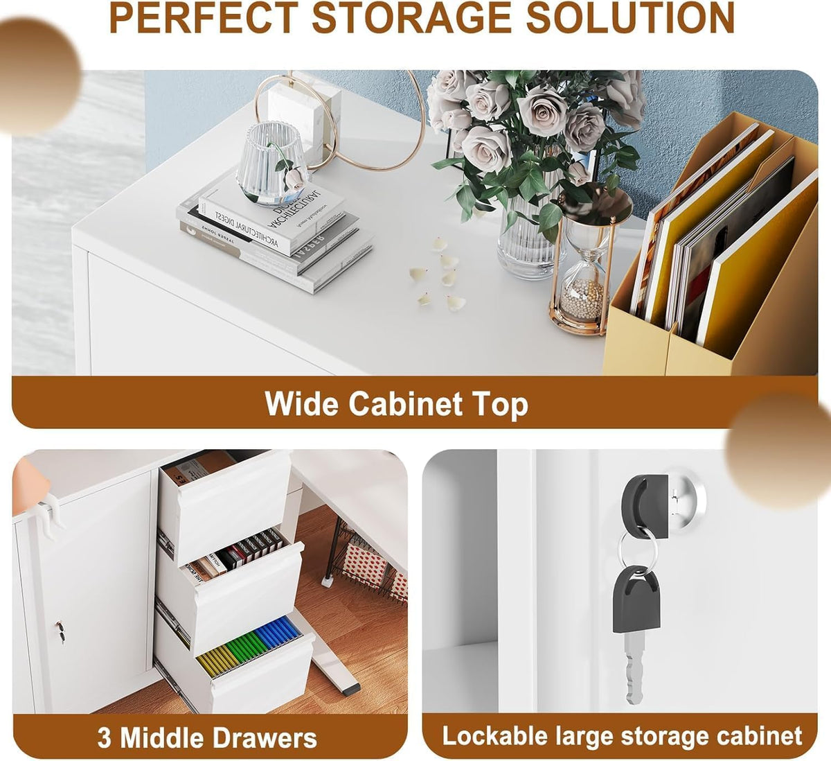 47" H 3 Drawer White Rolling Metal File Cabinet B55834