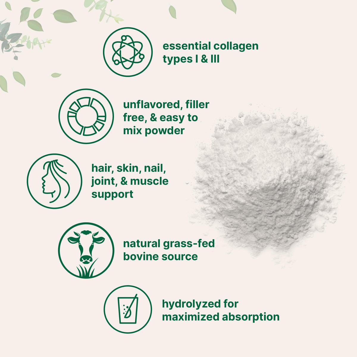 Hydrolyzed Collagen Peptides Powder, 1 lb Unflavored Type I & III V3683