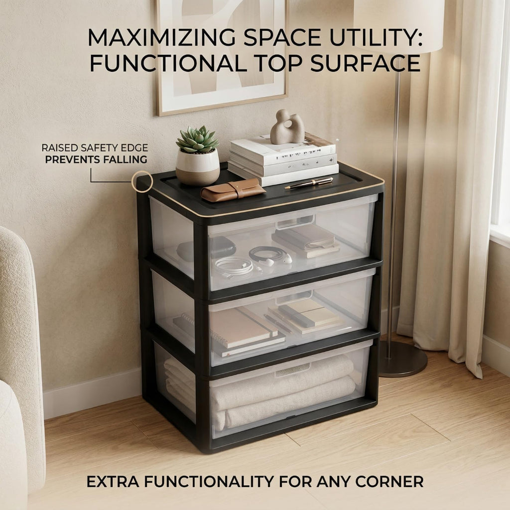 Black 3 Drawer Storage Organizer Tower with Clear Plastic Bins S978