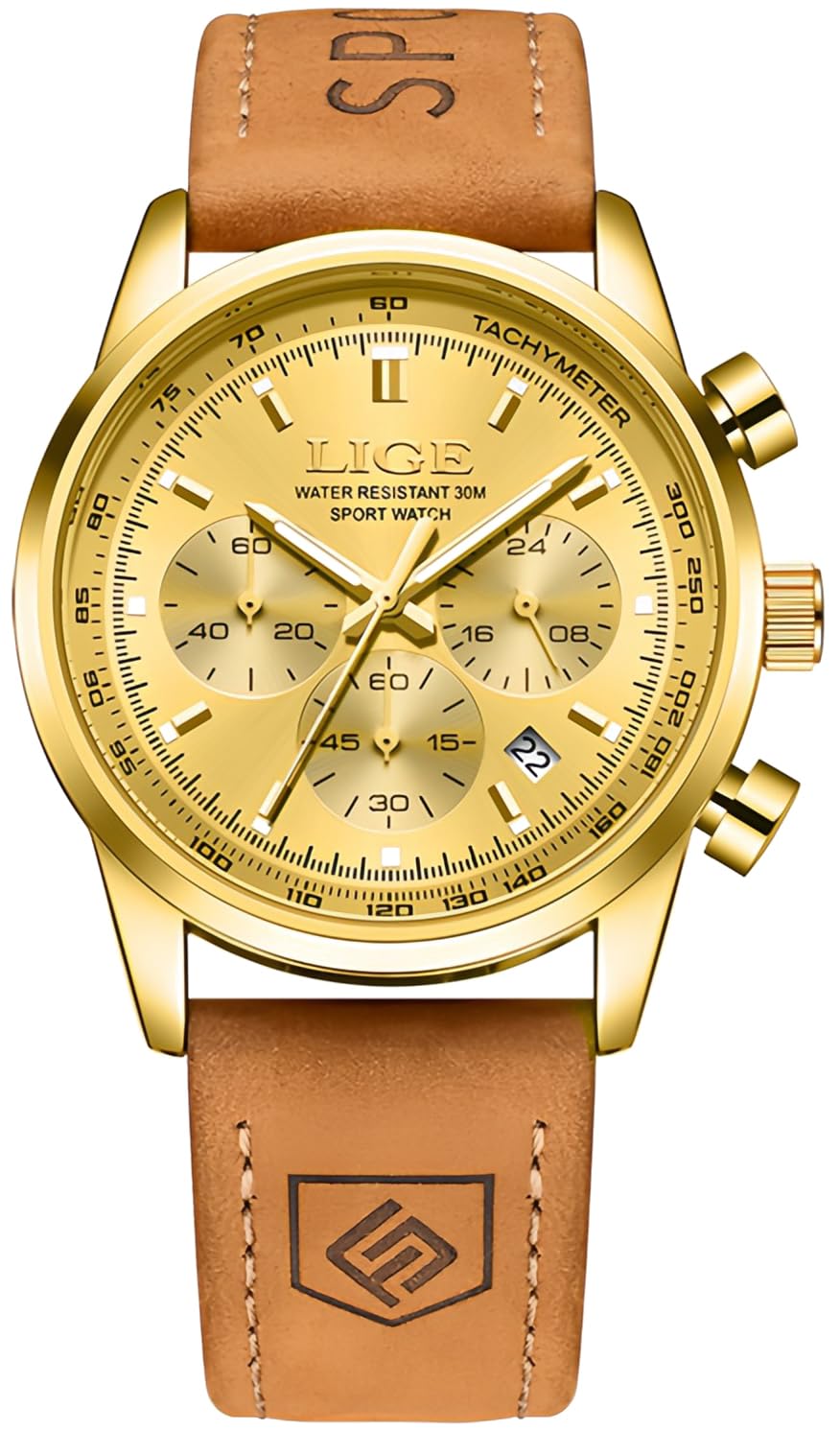 Gold-Tone Quartz Chronograph Watch Brown Leather Strap E9679