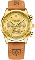 Gold-Tone Quartz Chronograph Watch Brown Leather Strap E9679