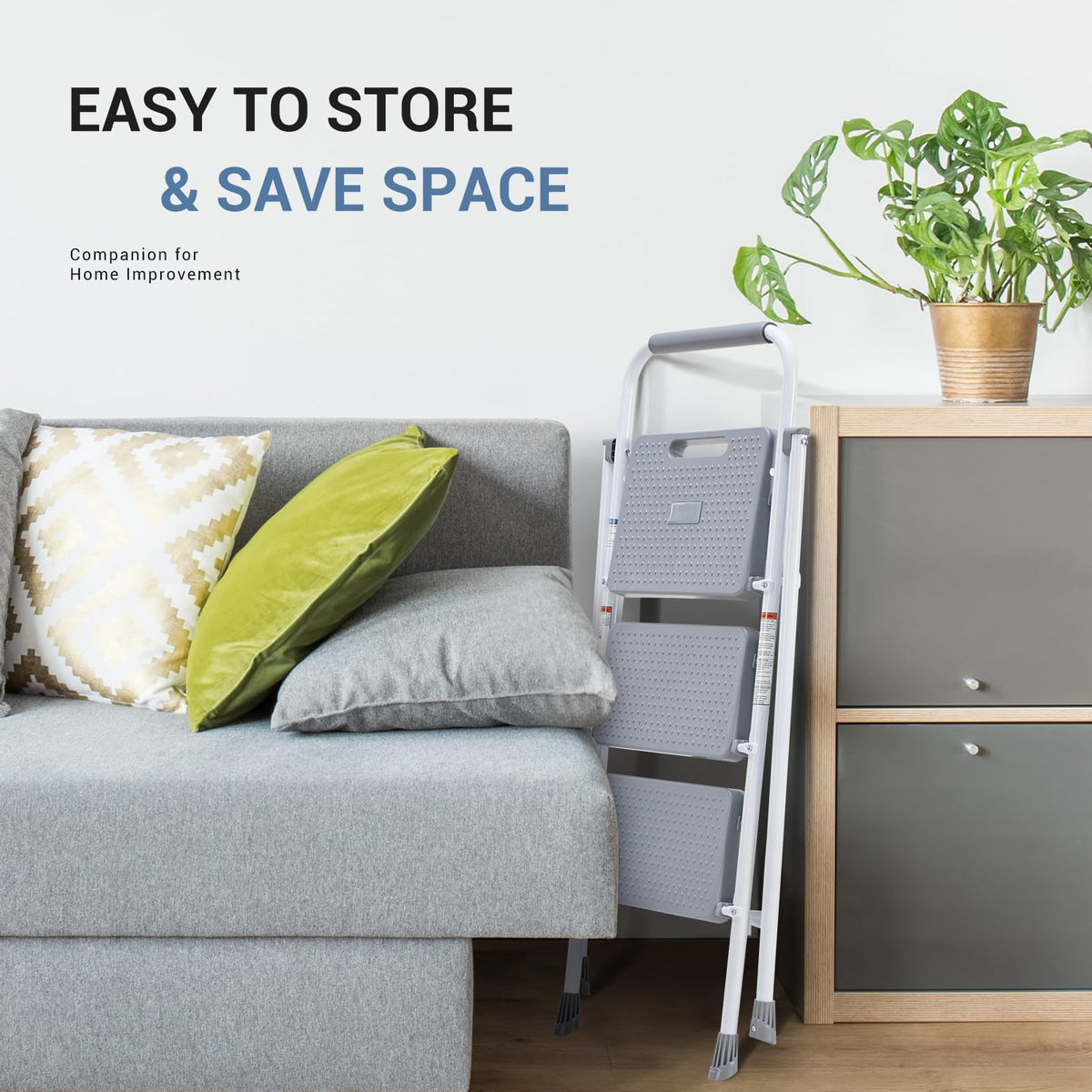 3 Step Ladder with Anti-Slip Pedal and Handrail, 800lbs, Grey D479