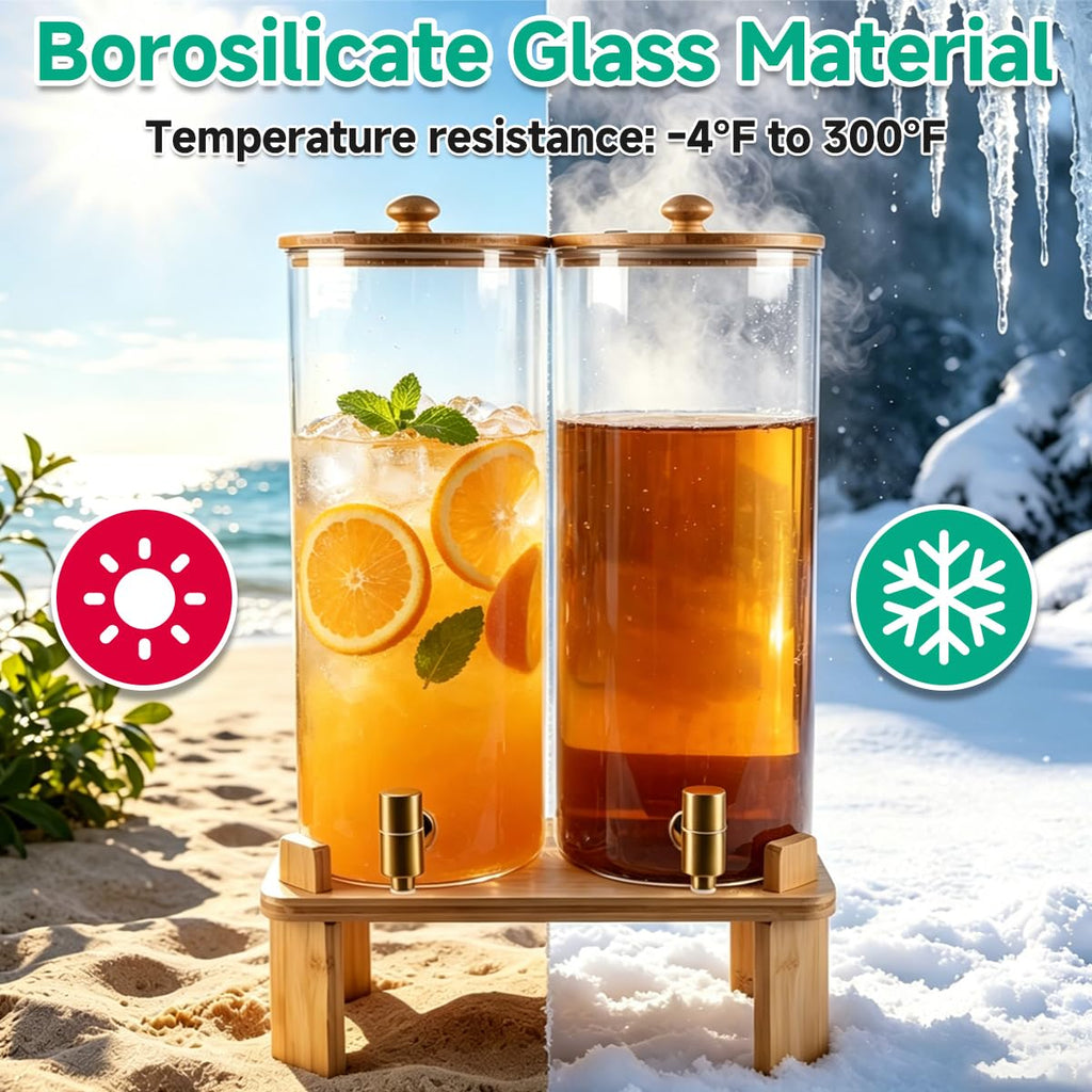 2 Gallon Glass Beverage Dispenser with Spigot and Bamboo Stand Q396