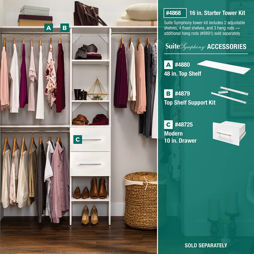 Small Closet Organizer Starter Kit with Tower and 3 Hang Rods, Pure White M3492