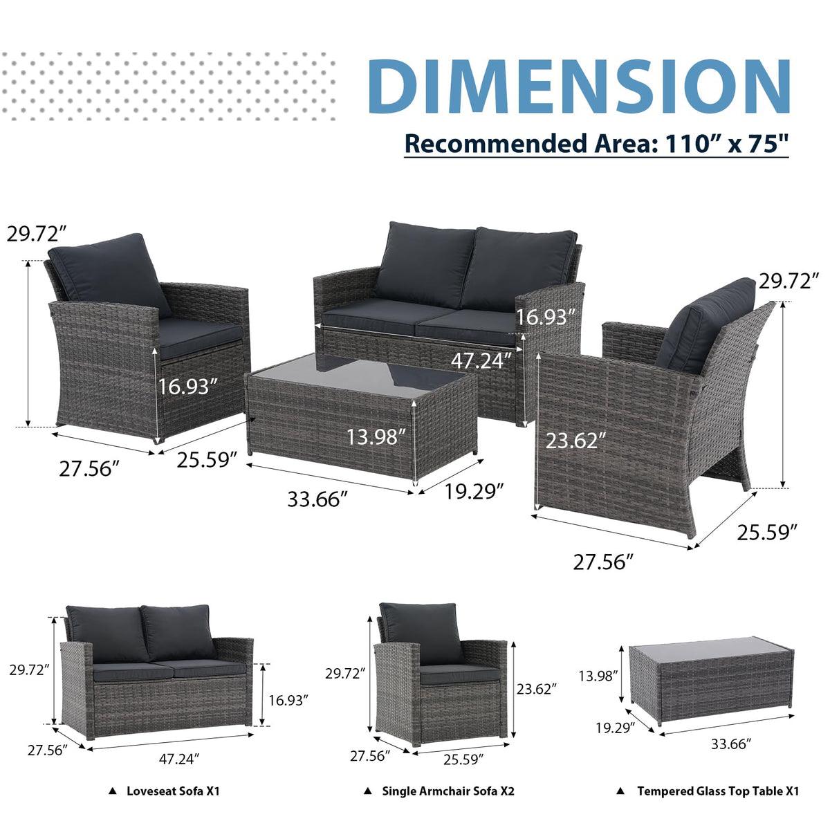 4 Piece Dark Gray Wicker Patio Furniture Set A720