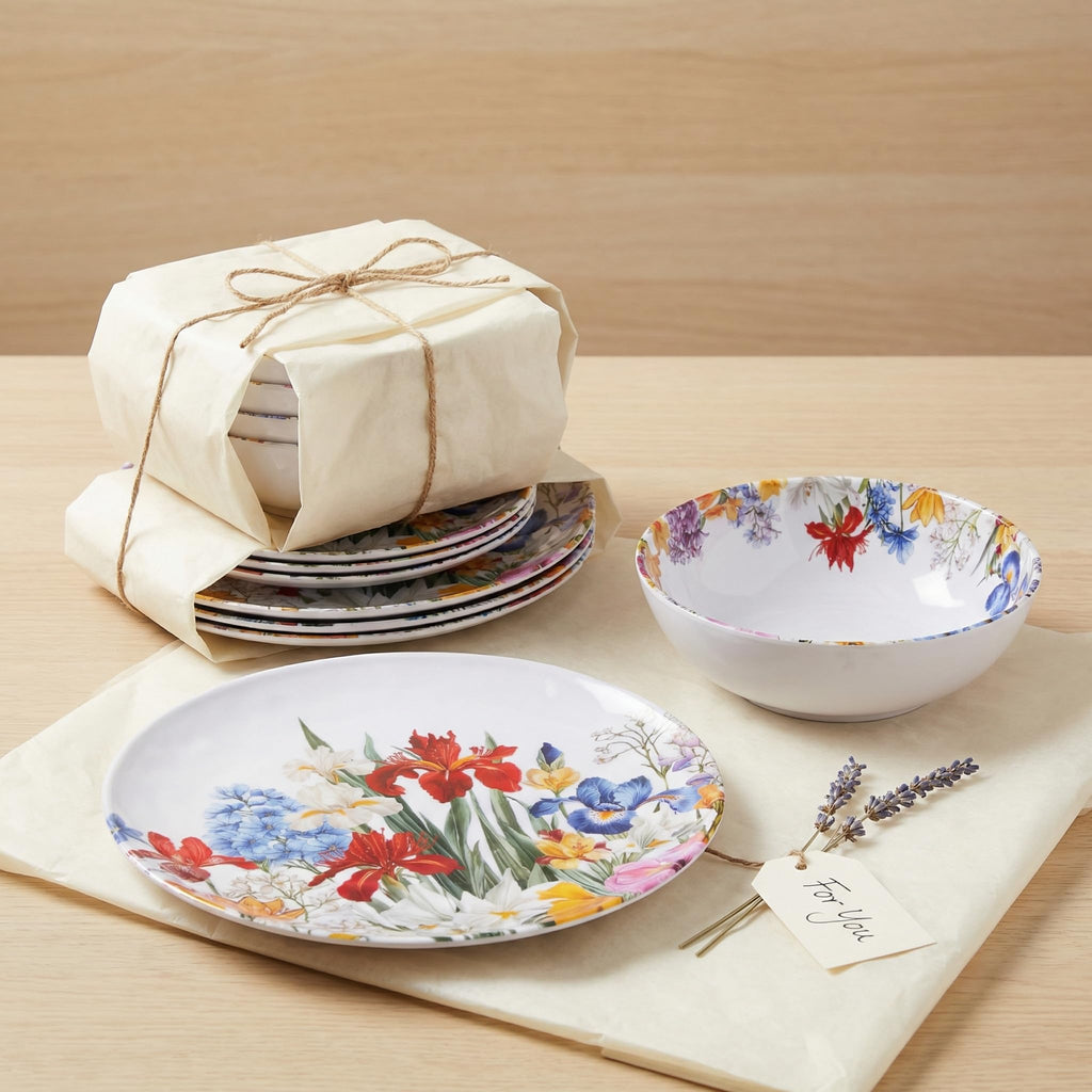 Melamine Dinnerware Set for 4, 12 Piece Plates and Bowls S1780