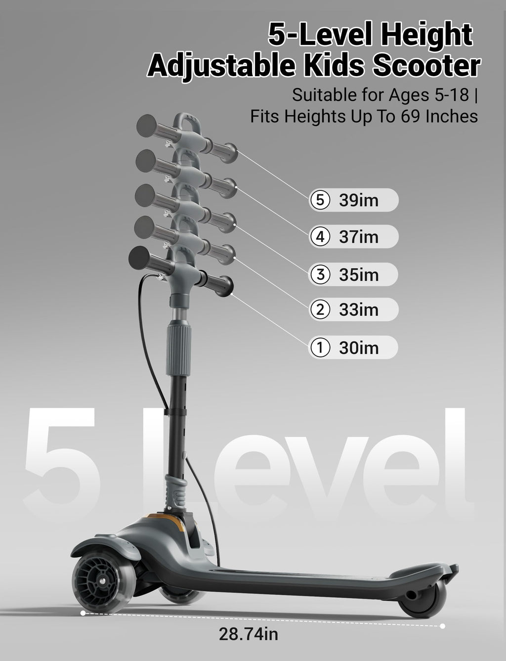 Kids Scooter with Dual Brakes, Music, Lights, Adjustable and Folding P305