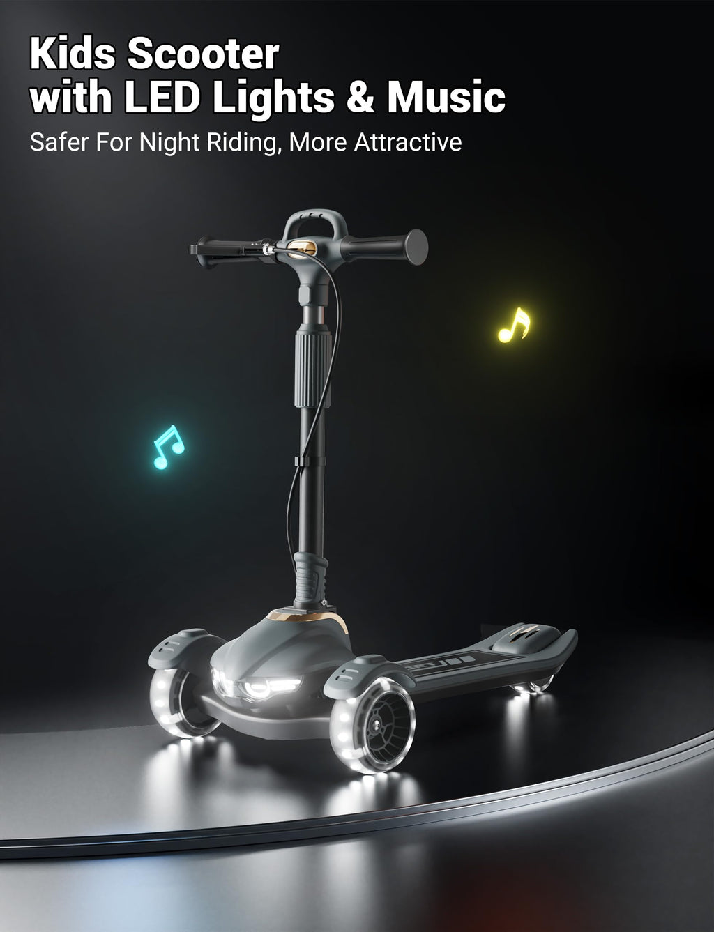 Kids Scooter with Dual Brakes, Music, Lights, Adjustable and Folding P305