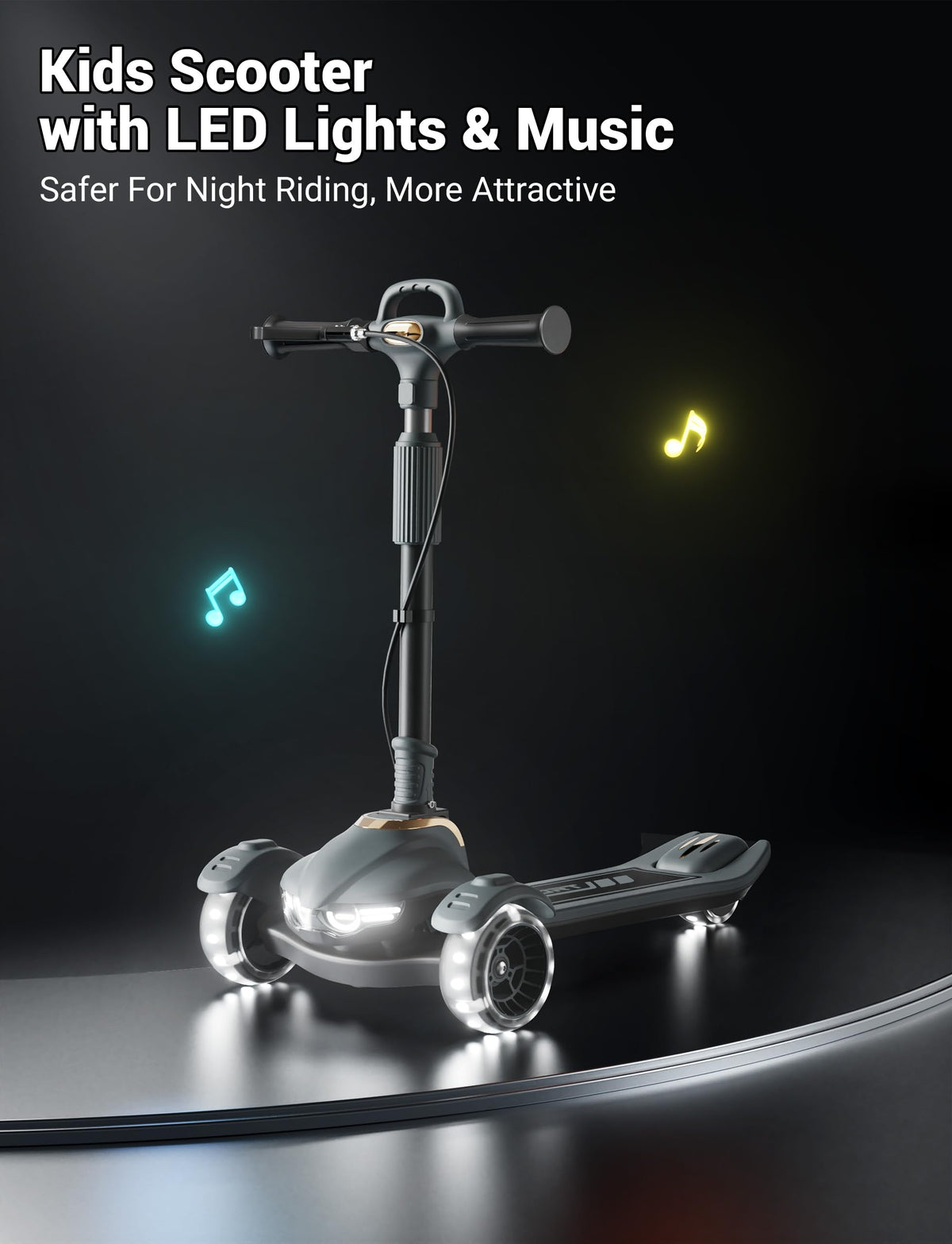 Kids Scooter with Dual Brakes, Music, Lights, Adjustable and Folding P305