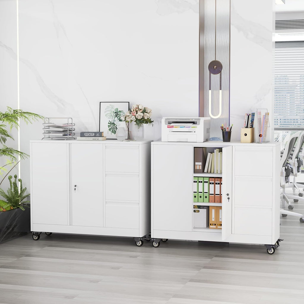 47" H 3 Drawer White Rolling Metal File Cabinet B55834