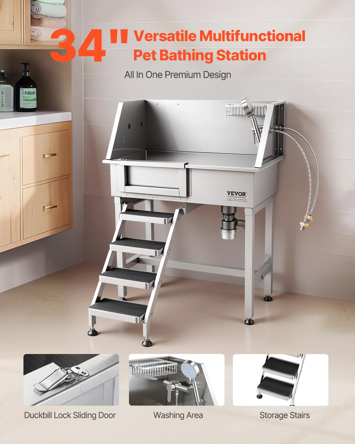 34" Stainless Steel Dog Washing Station with Shower Faucet D8024