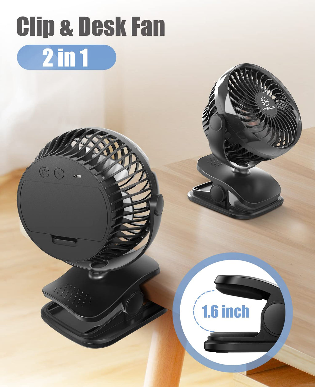 Battery Operated Clip on Fan, USB Powered Portable Desk Fan 4 Speeds V369066