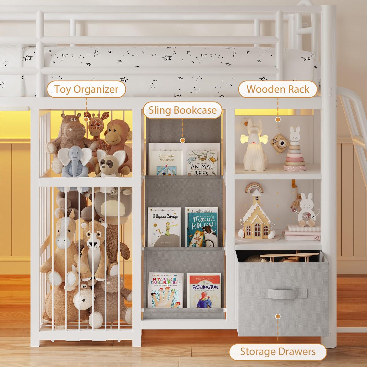 Twin Low Loft Bed with Storage Drawers and LED Lights S625