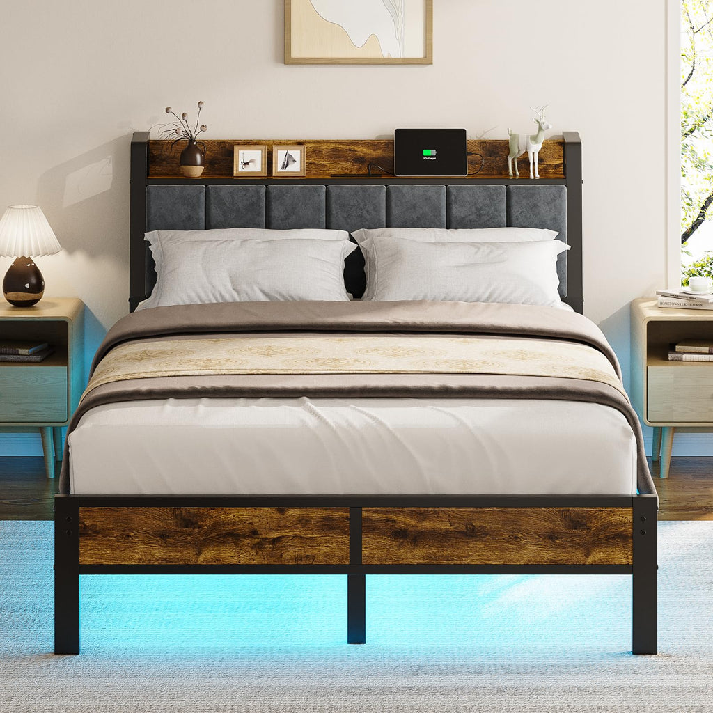 Full Size Bed Frame with LED Light and Charging Station V620