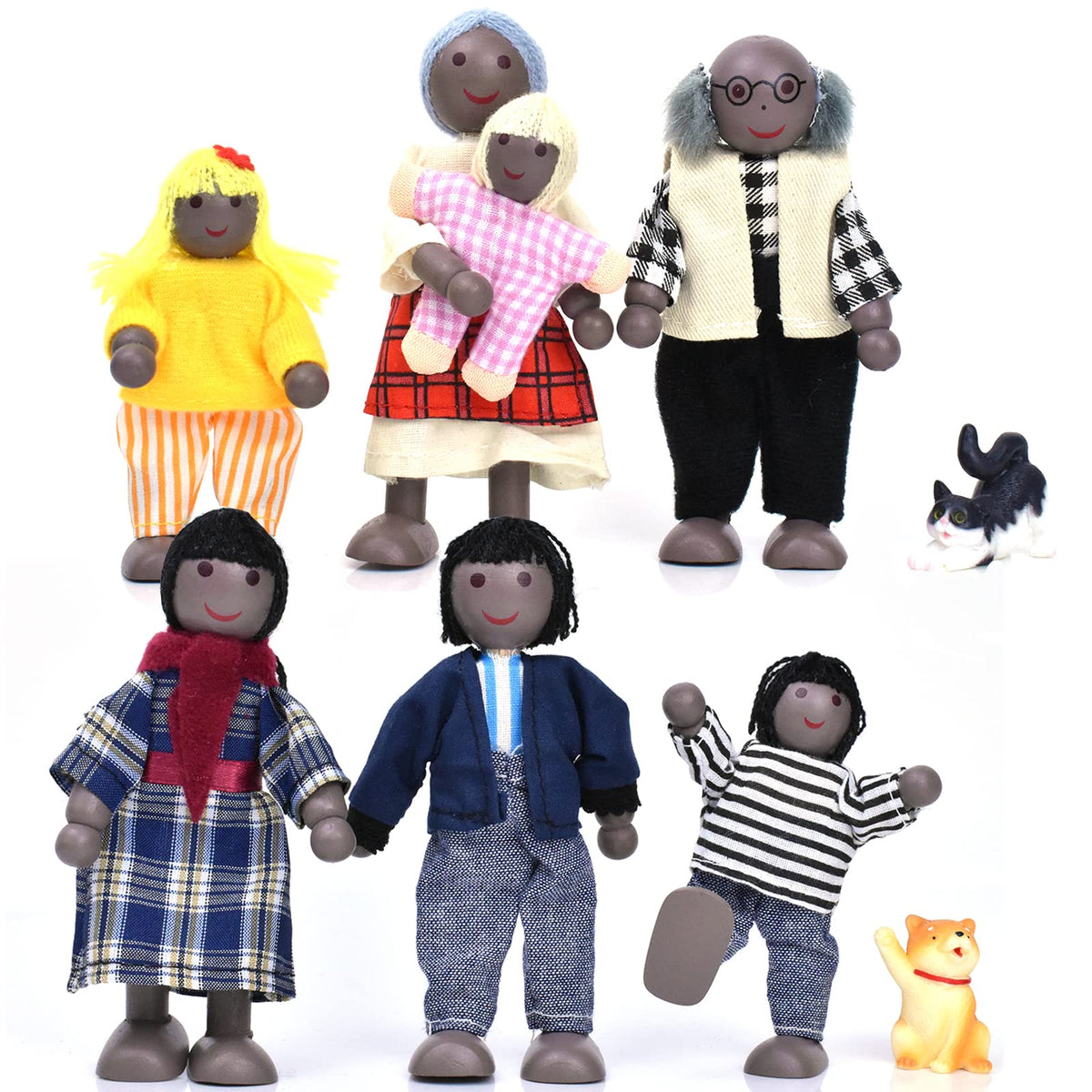 Wooden Dollhouse People 7 Pcs Family Figures with 2 Pets X850
