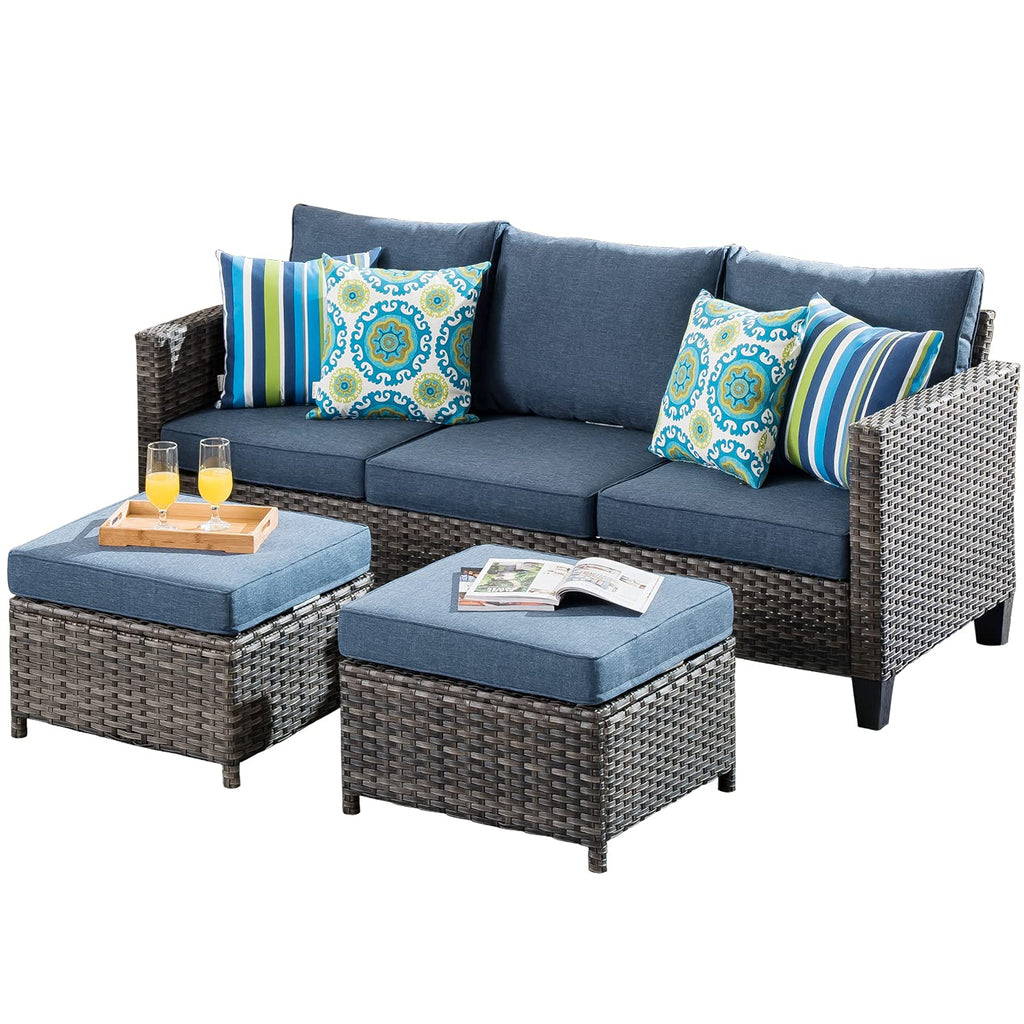 3 Pieces Wicker Rattan Patio Furniture Set with Ottomans J755