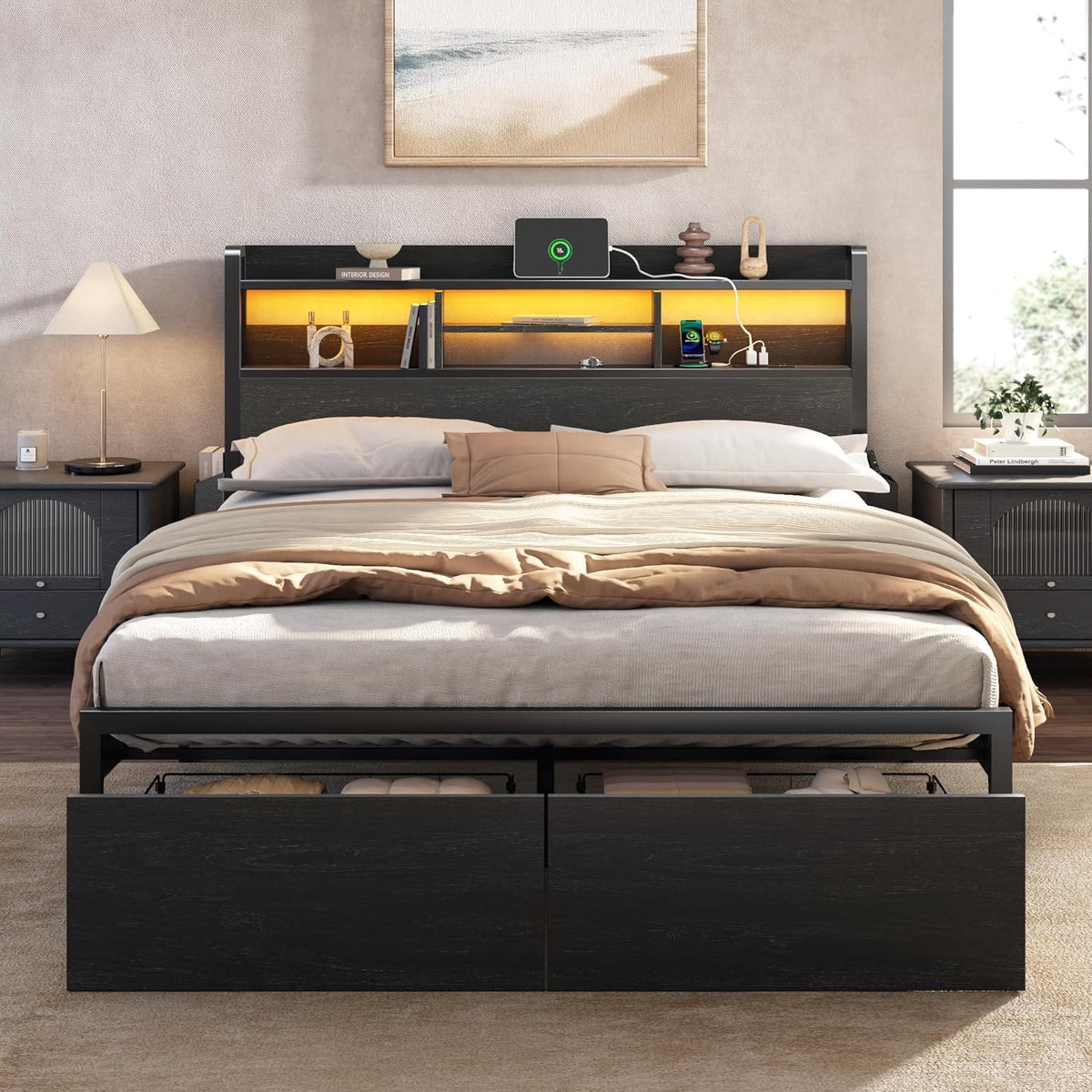 Full Size Bed Frame with Headboard and Charging Station C572726
