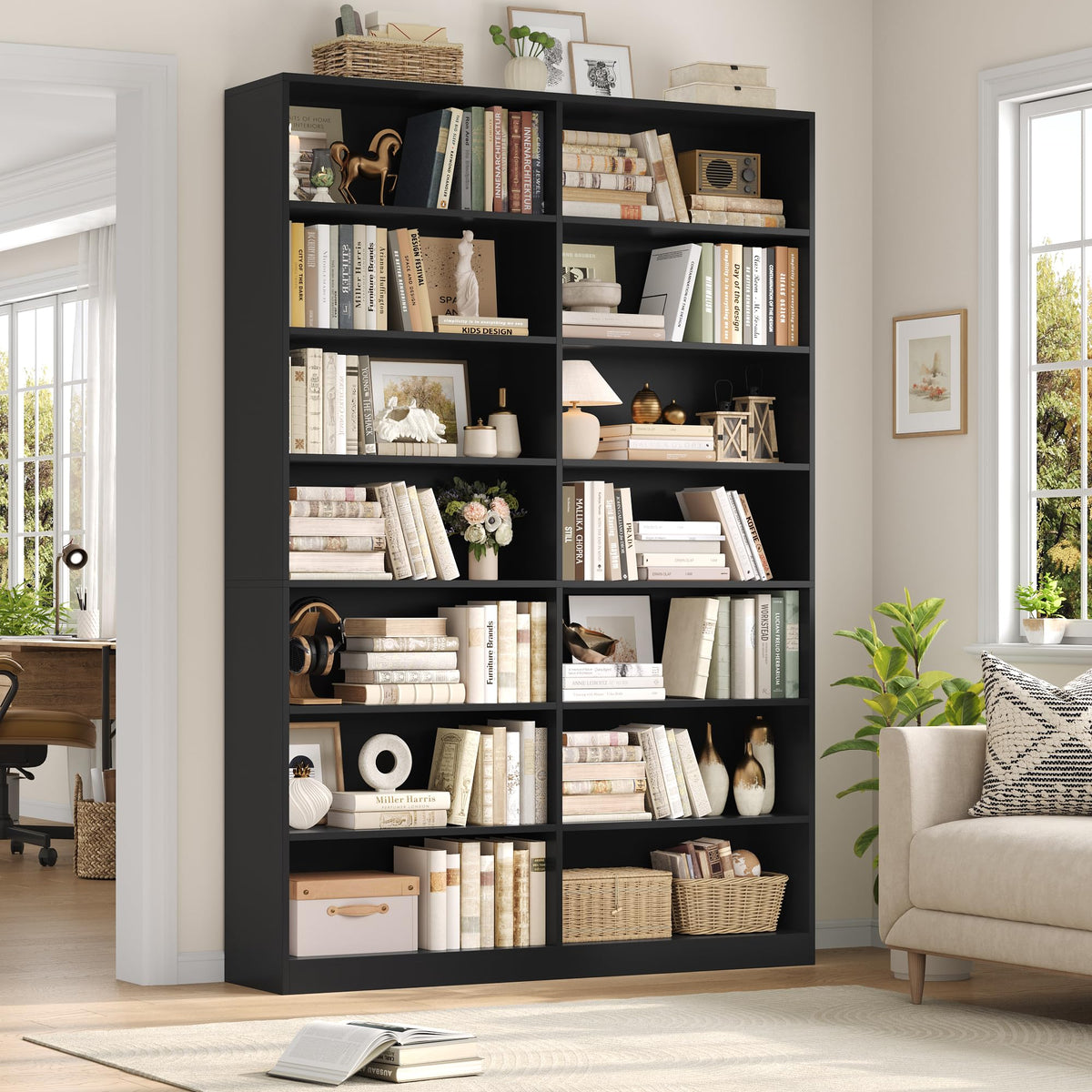 83.7" Tall 7-Tier Double Black Bookshelf and Bookcase A857944