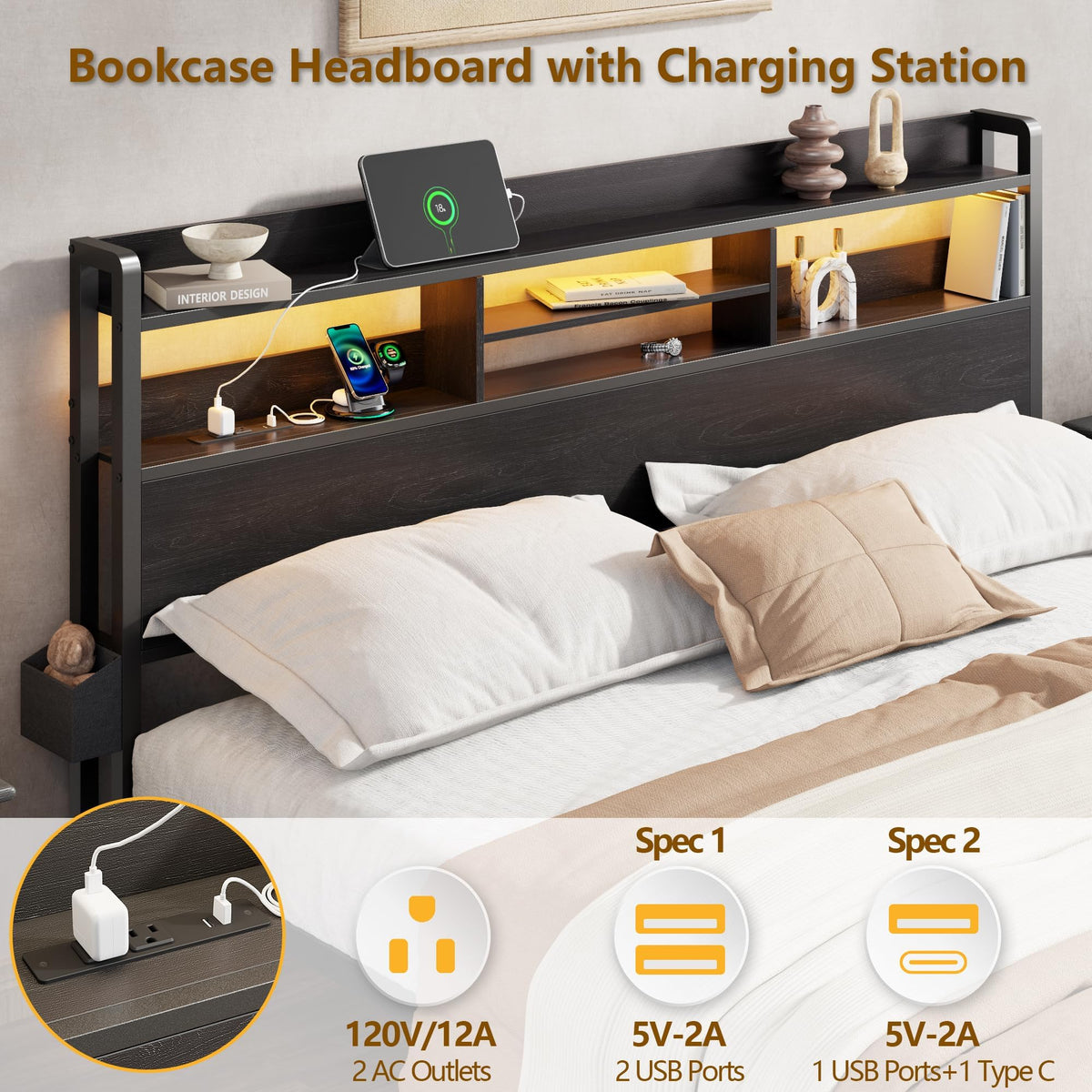 Full Size Bed Frame with Headboard and Charging Station C572726