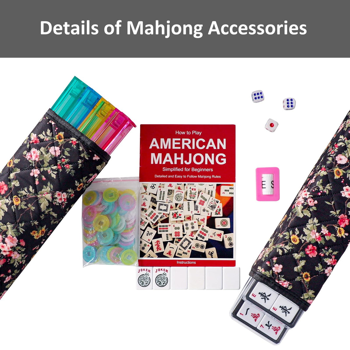 American Mahjong Game Set, 166 White Tiles, 4 Color Rack/Pushers, Black Carrying Bag D530504