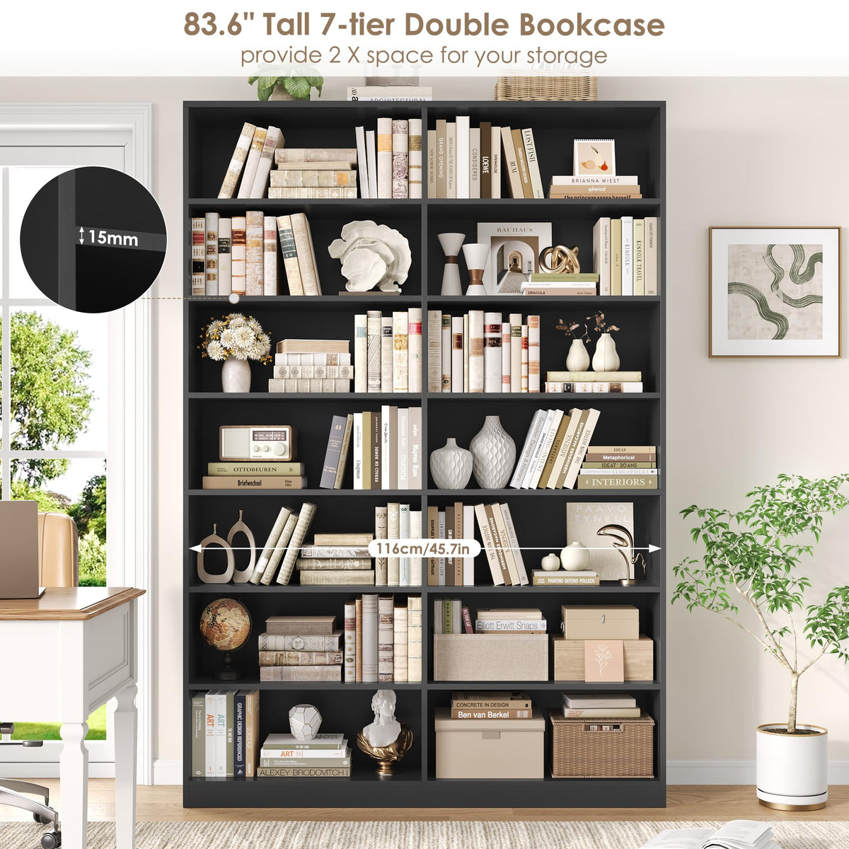 83.7" Tall 7-Tier Double Black Bookshelf and Bookcase A857944