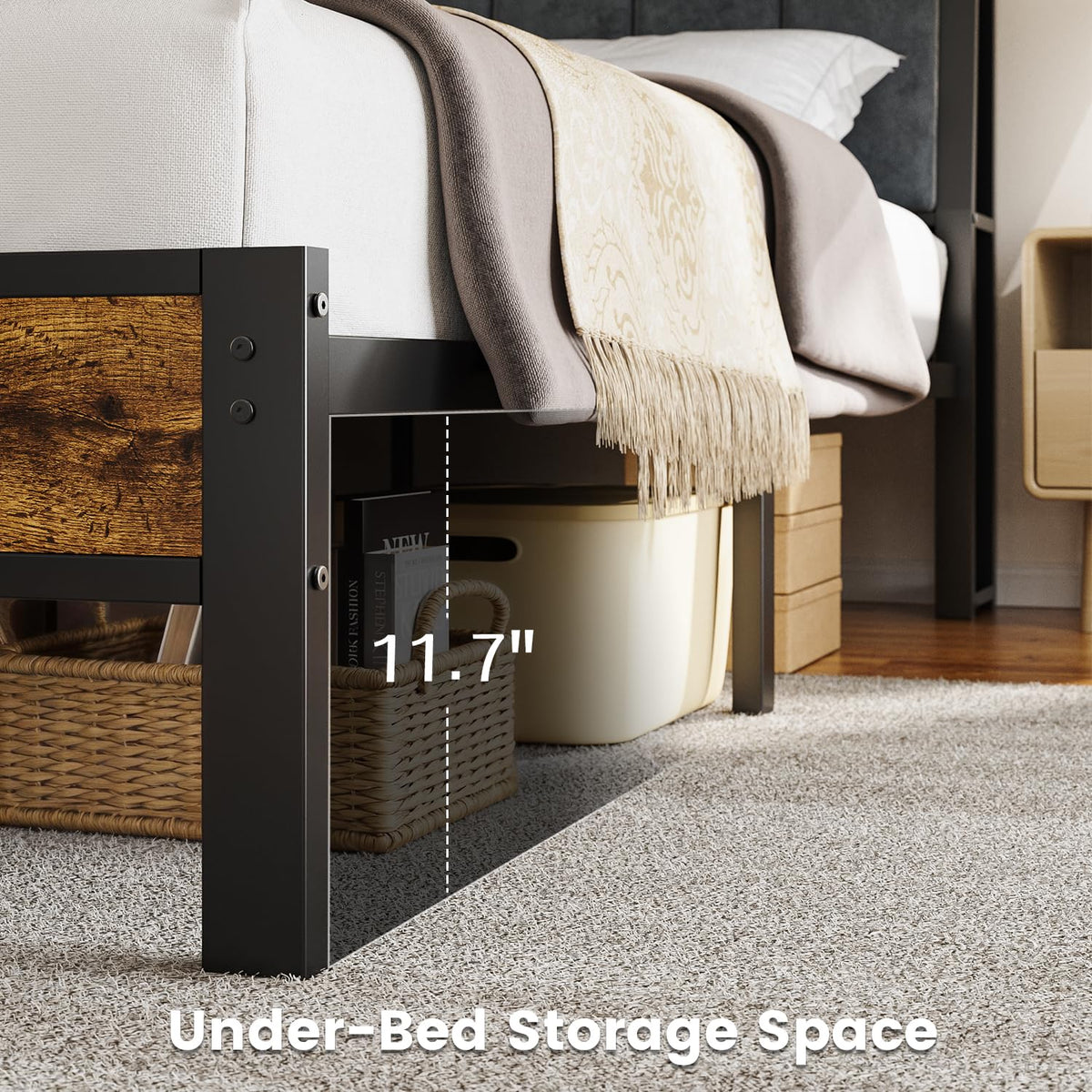 Full Size Bed Frame with LED Light and Charging Station V620