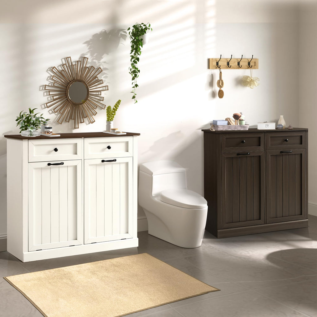 White 22 Gallon Wooden Laundry Hamper Cabinet with 2 Drawers K196245